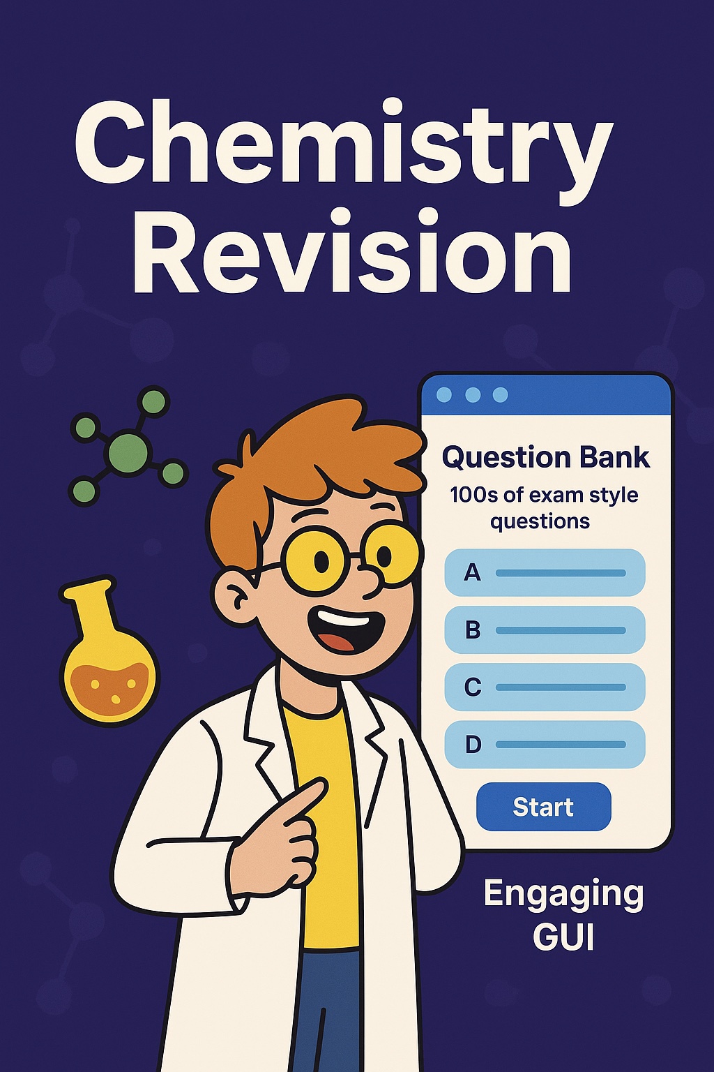 Cartoon scientist beside a chemistry revision question interface