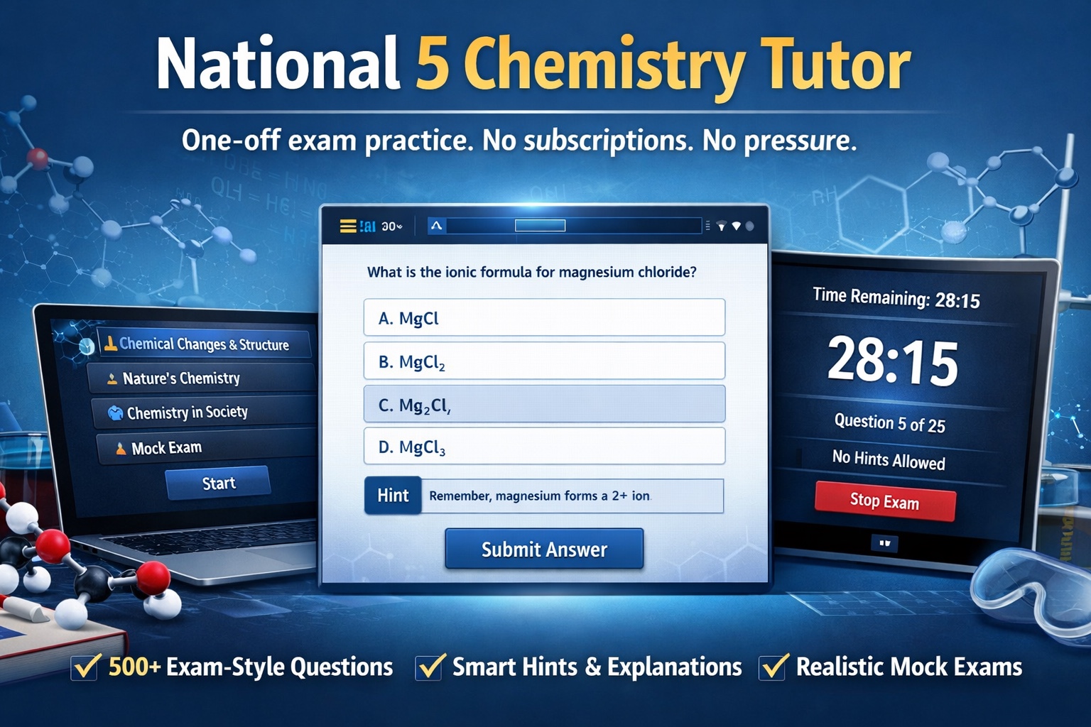 Promotional illustration of the National 5 Chemistry Tutor interface, revision questions and mock exam timer